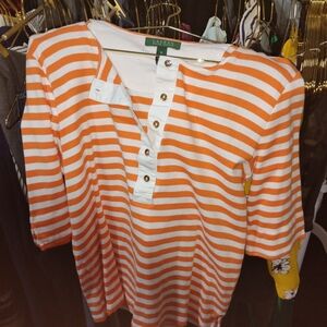 Orange and White Striped Button-Up Top